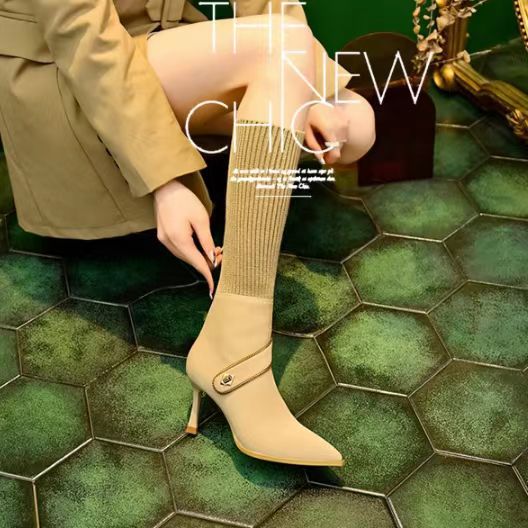 Naotstore - Knitted Long Lointed Toe Stiletto Boots