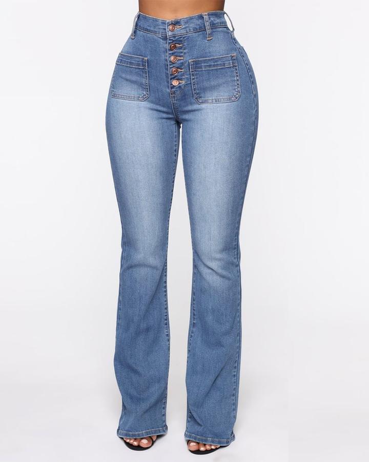 Naotstore - Button Fly Booty Shaping High Waist Flare Jeans