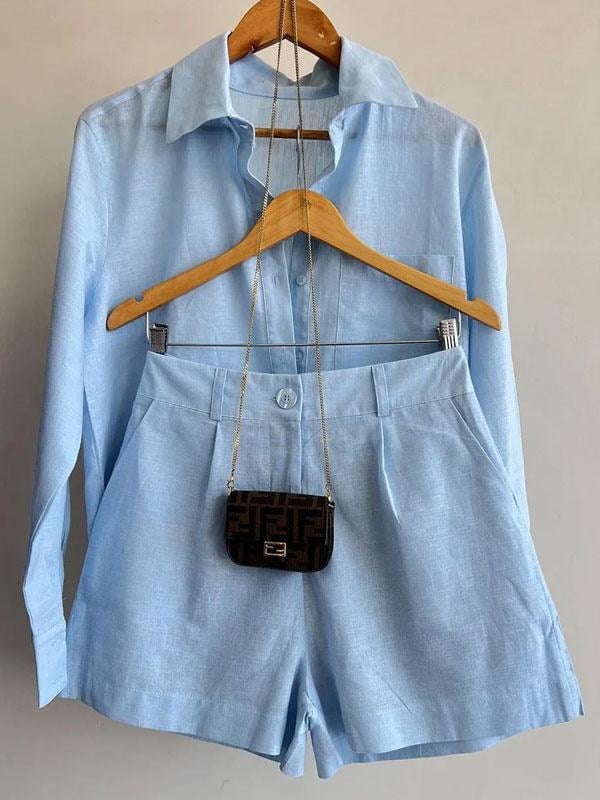 Naotstore - Women's Casual Linen Blouse and Shorts Set