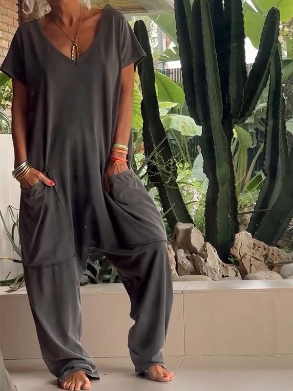 Naotstore - Casual V-neck Solid Color Jumpsuit
