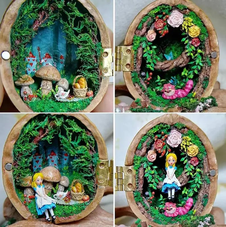 Naotstore - Handmade Walnut Shell Doll House-mini library, tiny World inside walnuts