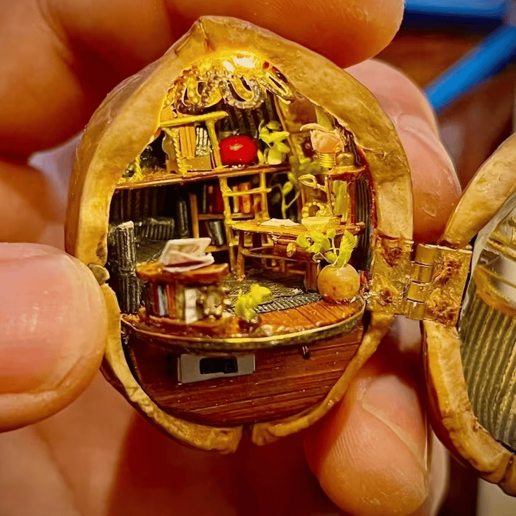 Naotstore - Handmade Walnut Shell Doll House-mini library, tiny World inside walnuts