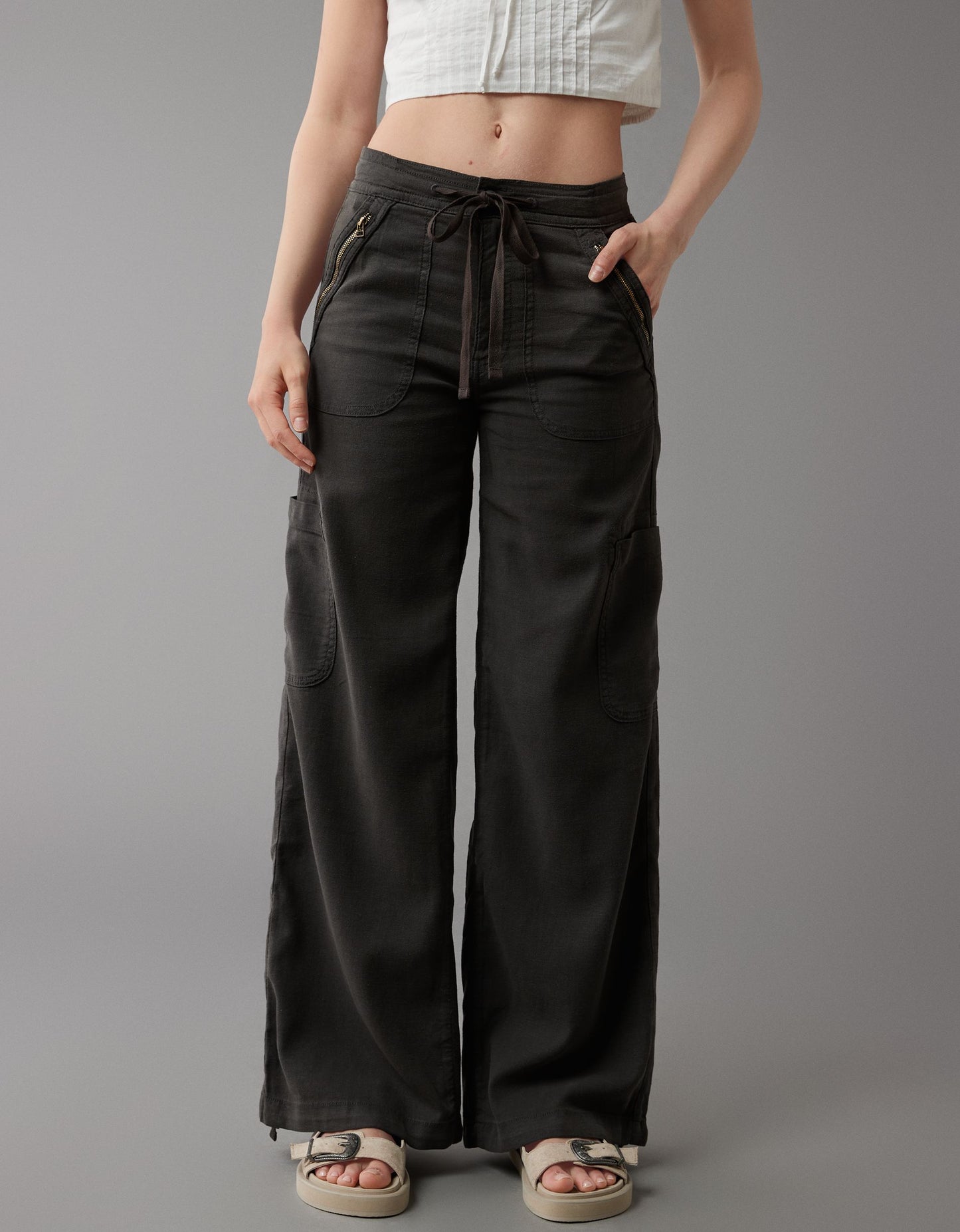 Naotstore - Linen-Blend Wide-Leg Cargo Pant
