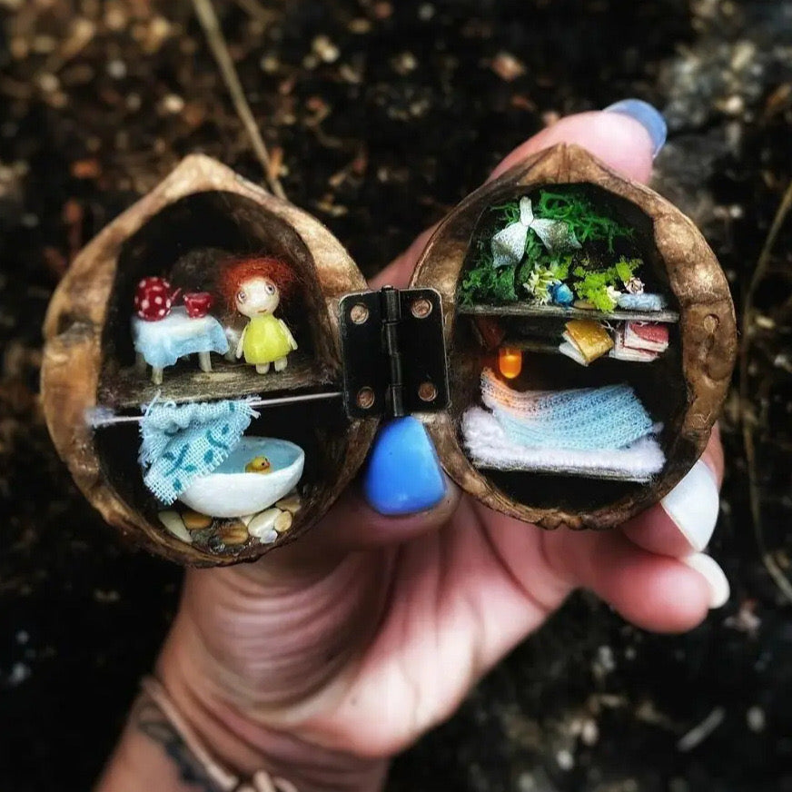 š Handmade.Walnut Shell Doll House--mini library, tiny World inside walnuts