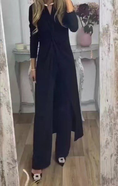 š„Specials this week - Soft texture casual all-in-one long-sleeved slim V-neck long top and straight trousers two-piece set - naotstore