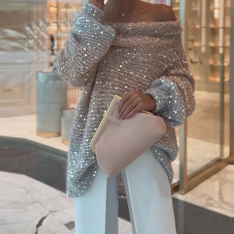 Naotstore - Solid color sequined one-shoulder loose lazy sweater for women