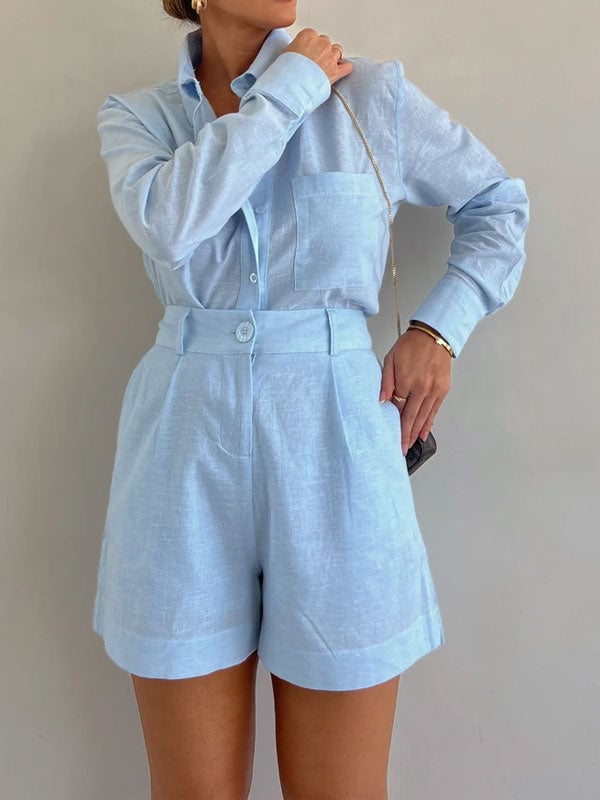 Naotstore - Women's Casual Linen Blouse and Shorts Set