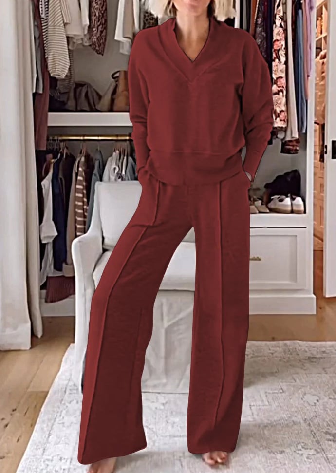 Naotstore - Women's Solid Color V-neck Top & Pants Two-piece Set-II