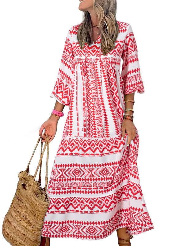 Naotstore - Women's Puff Sleeve Floral Boho Maxi Dress