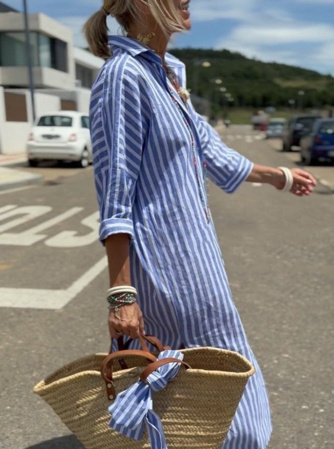 Naotstore - Classic Striped Lace-Up Shirt Dress