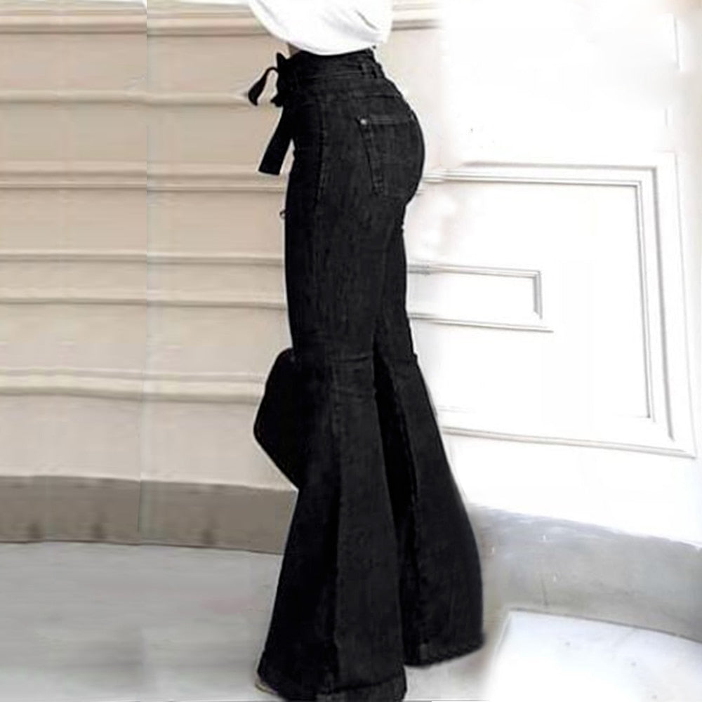 Naotstore - Women High Waist Bandage Wide Leg Denim Jeans