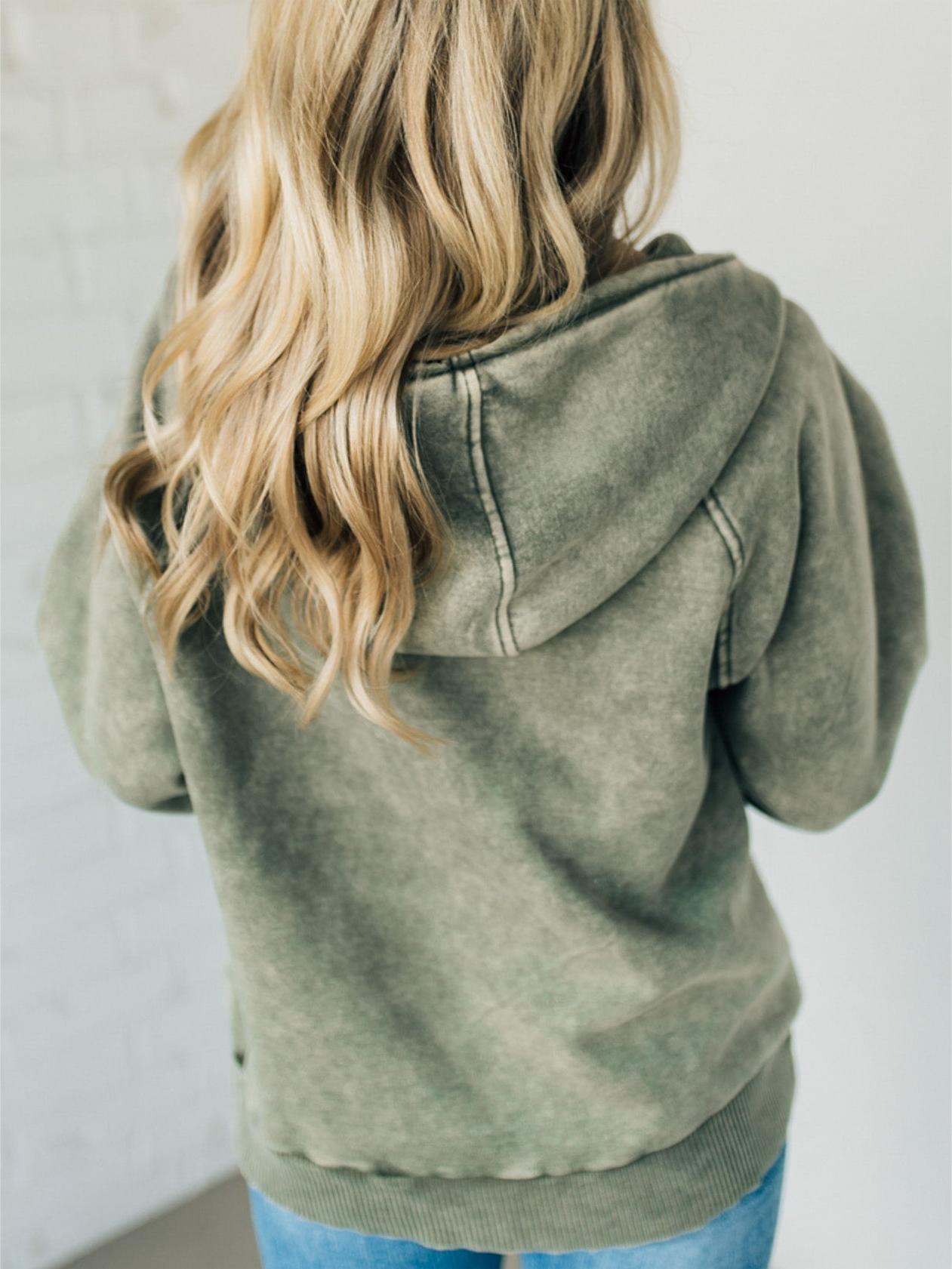Naotstore - Women's Zip Henley Acid Wash Fleece Hoodie