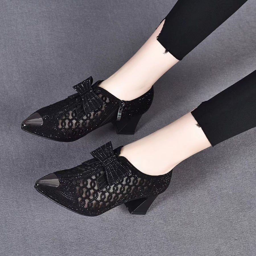 Rhinestone hollow chunky heel shoes and new belt buckle solid color plus size women's sandals