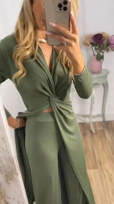 š„Specials this week - Soft texture casual all-in-one long-sleeved slim V-neck long top and straight trousers two-piece set - naotstore