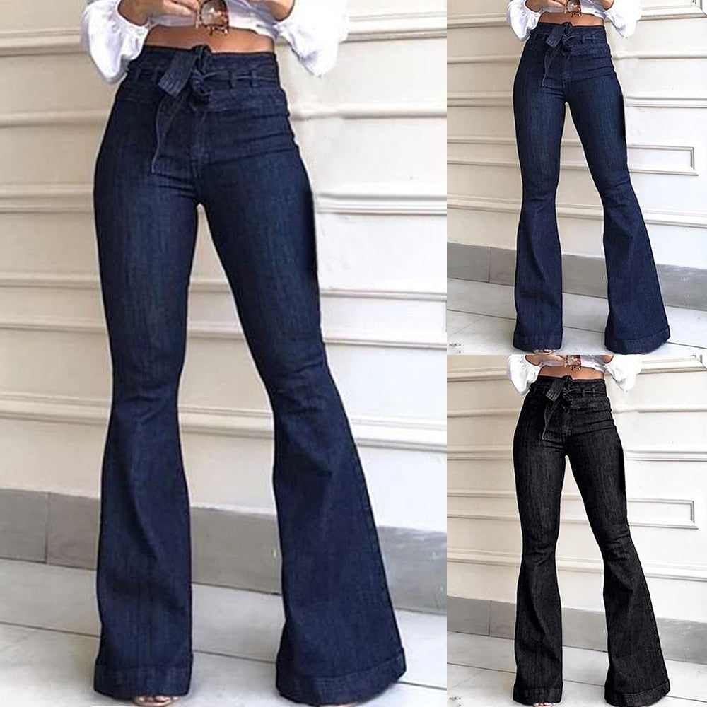 Naotstore - Women High Waist Bandage Wide Leg Denim Jeans