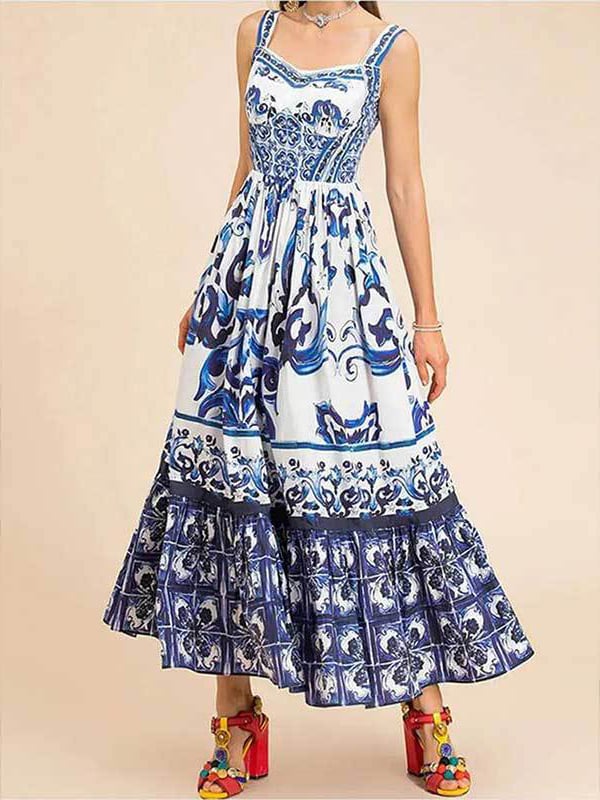 Naotstore - Stunning Floral Print Suspender Patchwork Maxi Dress