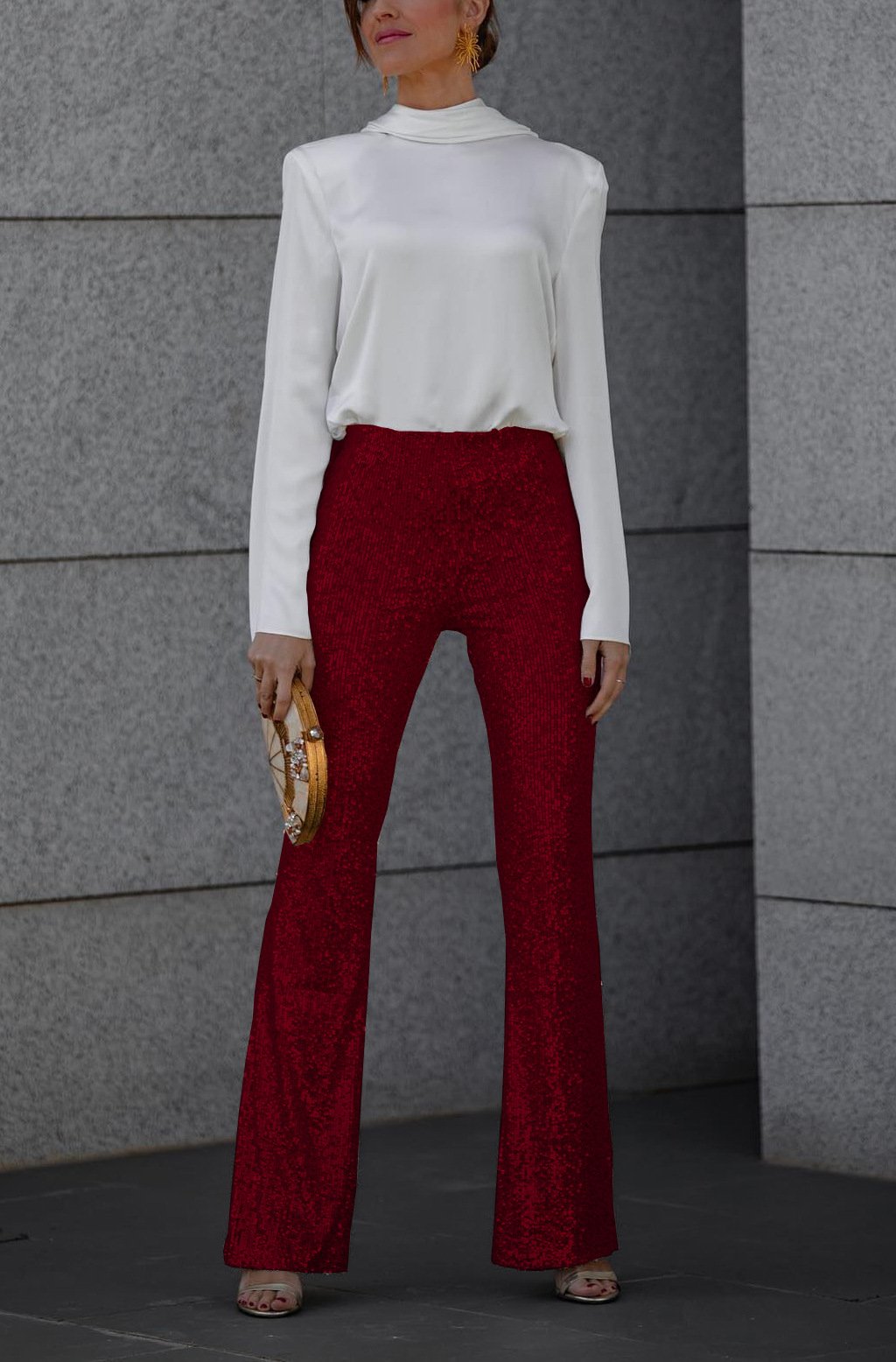 Naotstore - Satin Back Chain Cowl Neck Shirt & Sequined Slim Fit Flare Pants