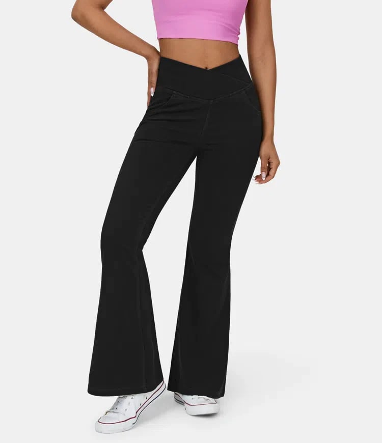 Naotstore - Stretchy Denim High Waisted Crossover Flare Pants