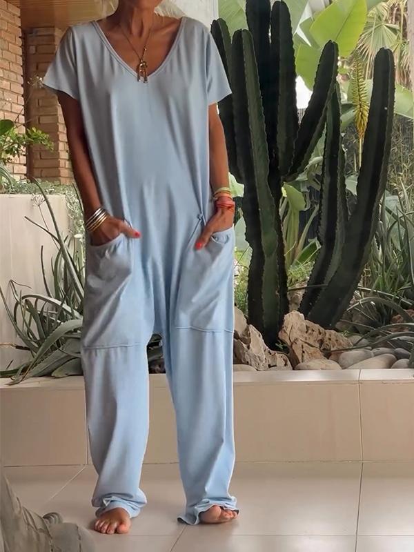 Naotstore - Casual V-neck Solid Color Jumpsuit