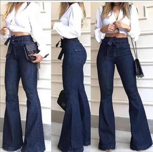 Naotstore - Women High Waist Bandage Wide Leg Denim Jeans