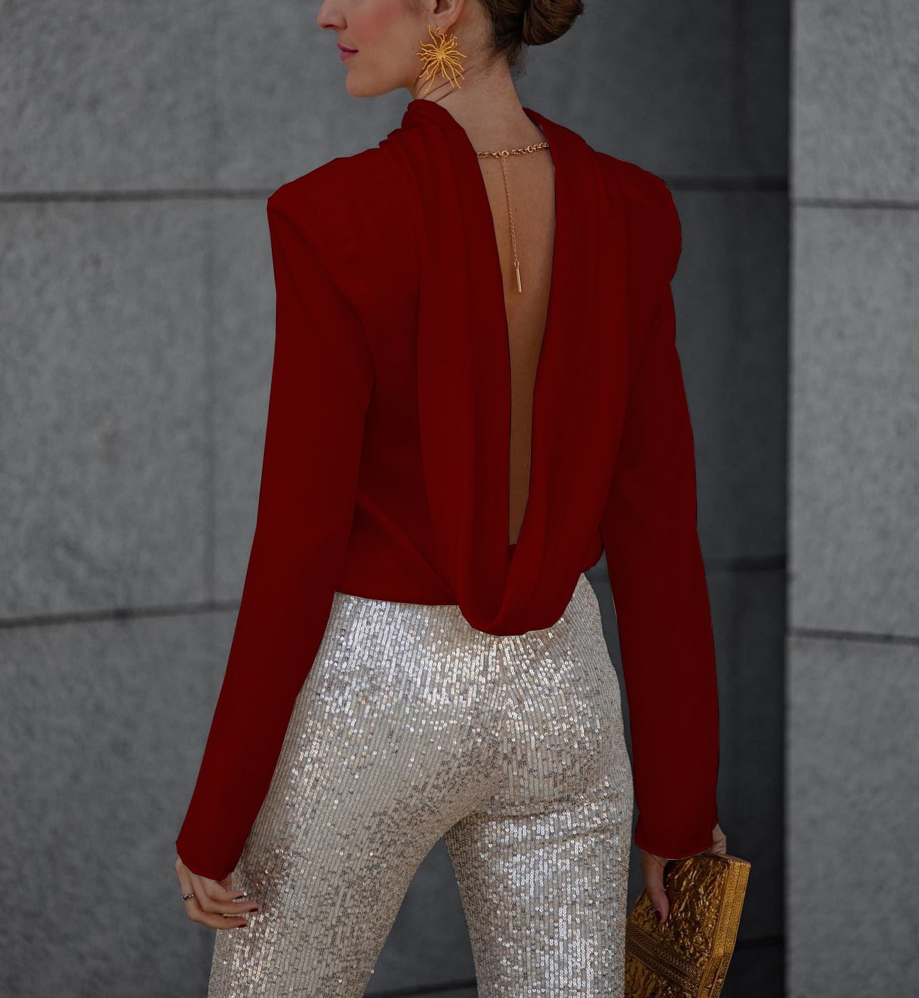 Naotstore - Satin Back Chain Cowl Neck Shirt & Sequined Slim Fit Flare Pants