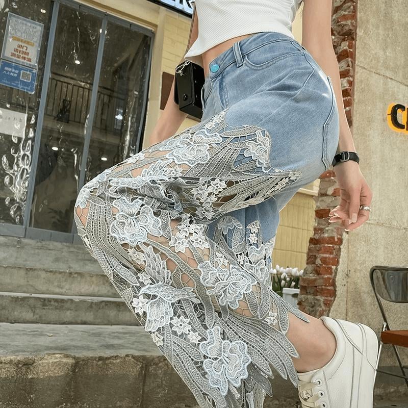 šHottest recommendations - Handmade Hollow Lace Patchwork Jeans - naotstore