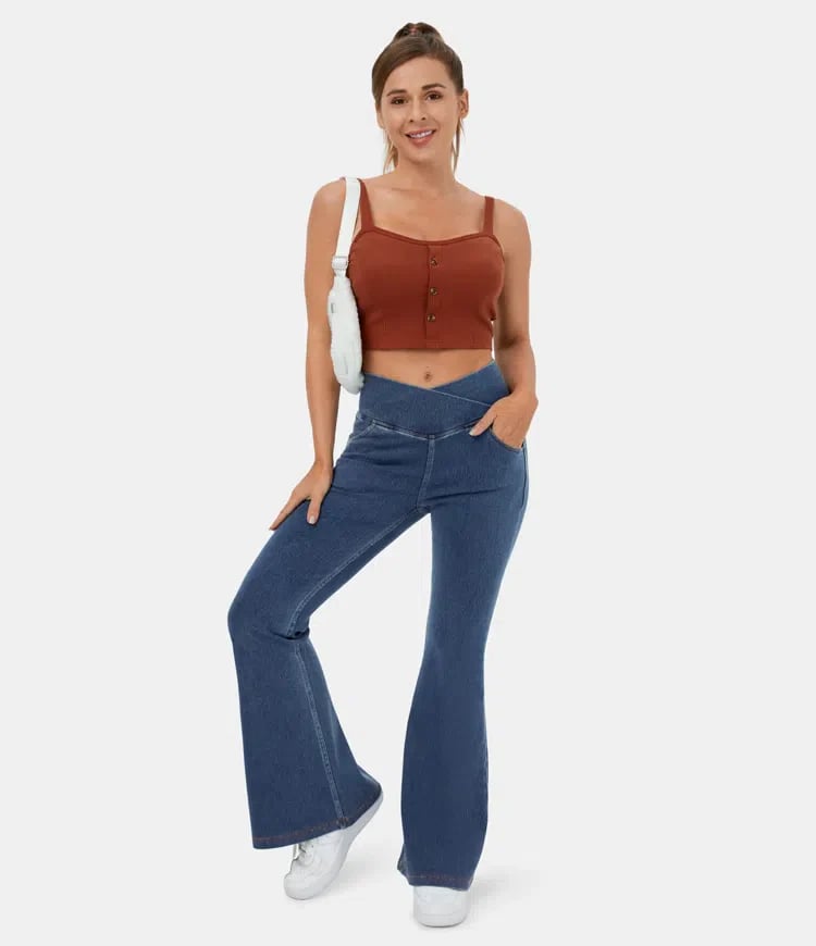 Naotstore - Stretchy Denim High Waisted Crossover Flare Pants