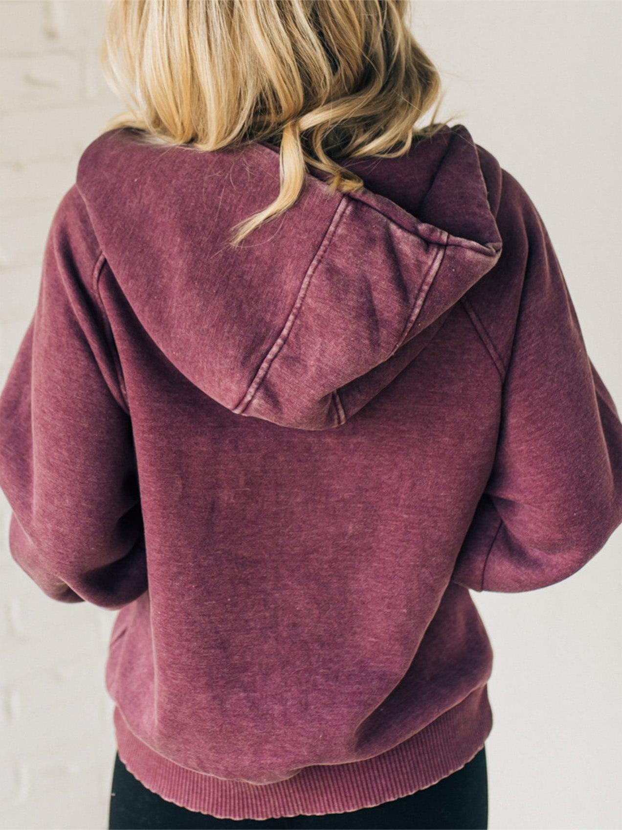 Naotstore - Women's Zip Henley Acid Wash Fleece Hoodie