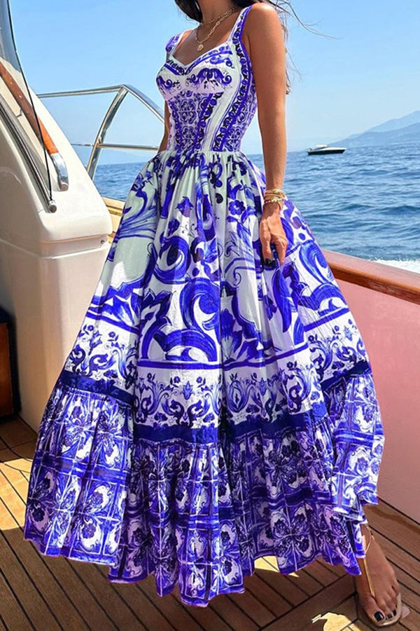 Naotstore - Stunning Floral Print Suspender Patchwork Maxi Dress