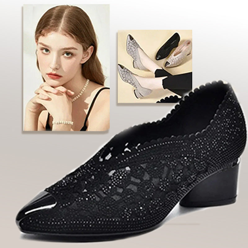 Naotstore - Hollow mesh sandals with rhinestone and chunky heel