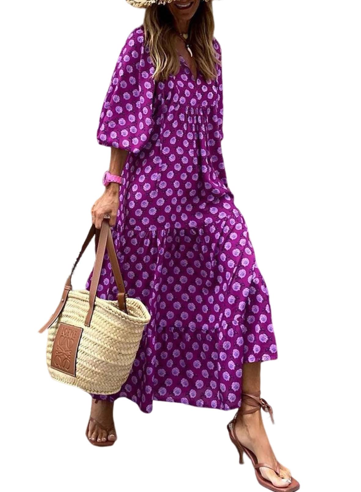 Naotstore - Women's Puff Sleeve Floral Boho Maxi Dress