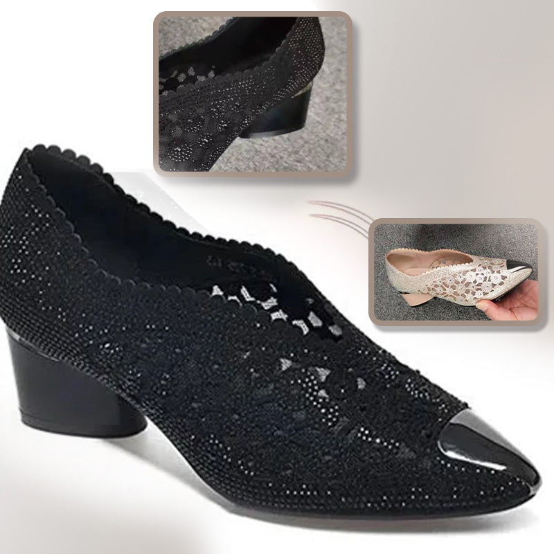 Naotstore - Hollow mesh sandals with rhinestone and chunky heel
