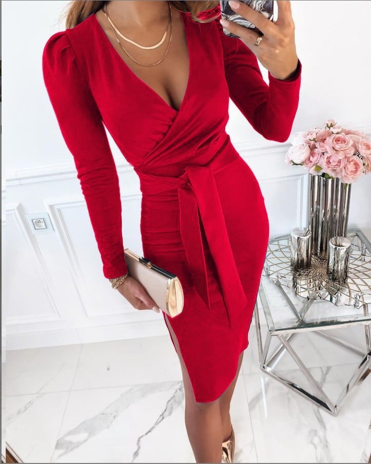 Naotstore - Women's Solid Color V-neck Tight Dress