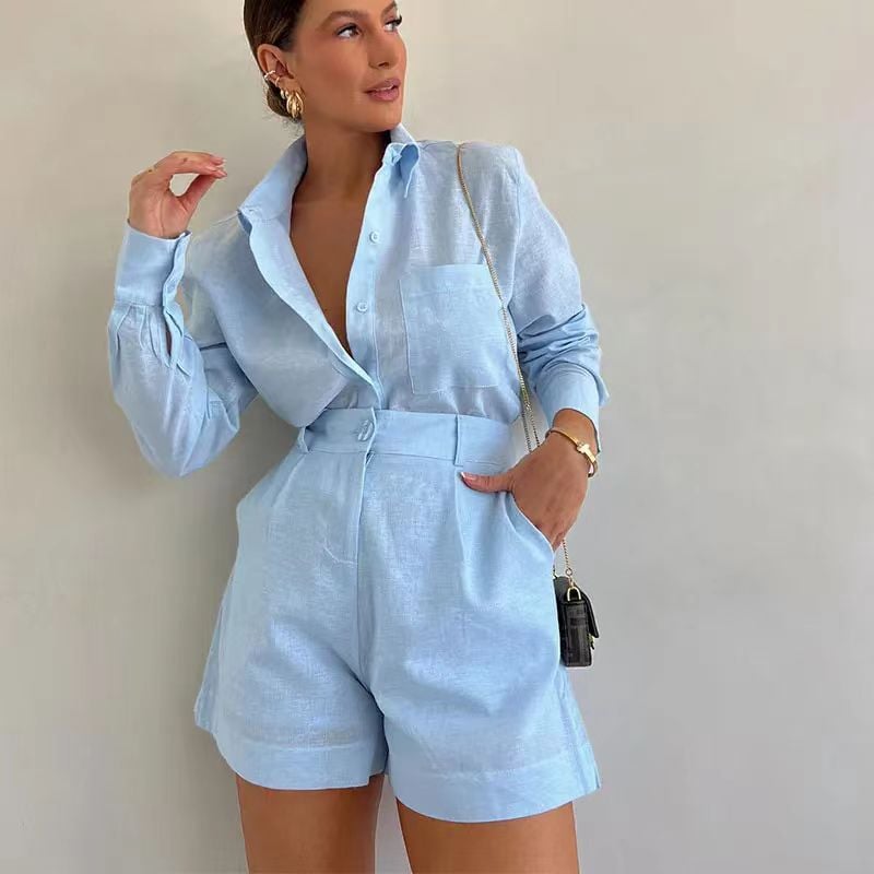 Naotstore - Women's Casual Linen Blouse and Shorts Set