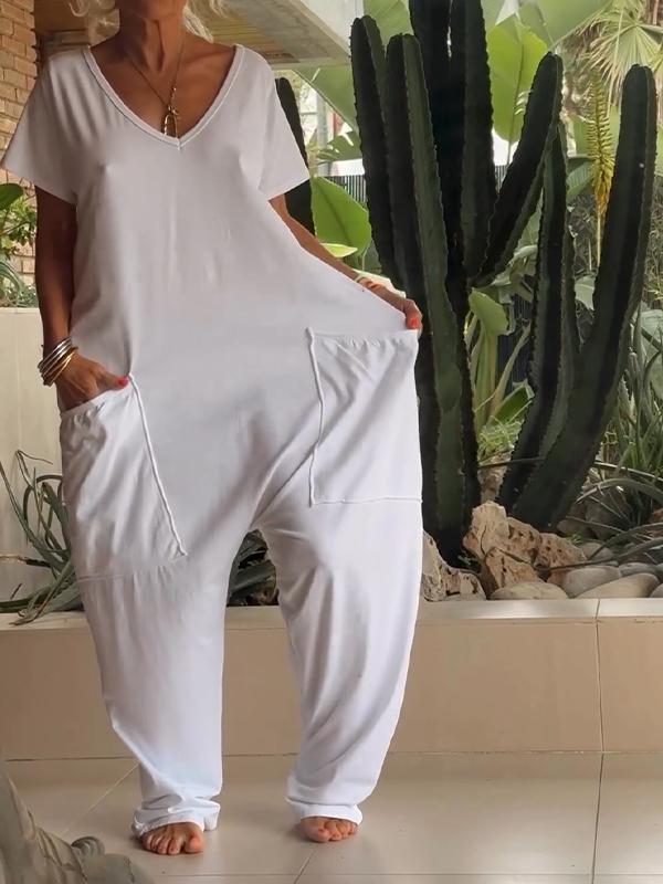 Naotstore - Casual V-neck Solid Color Jumpsuit