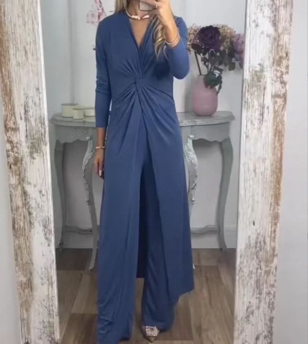š„Specials this week - Soft texture casual all-in-one long-sleeved slim V-neck long top and straight trousers two-piece set - naotstore