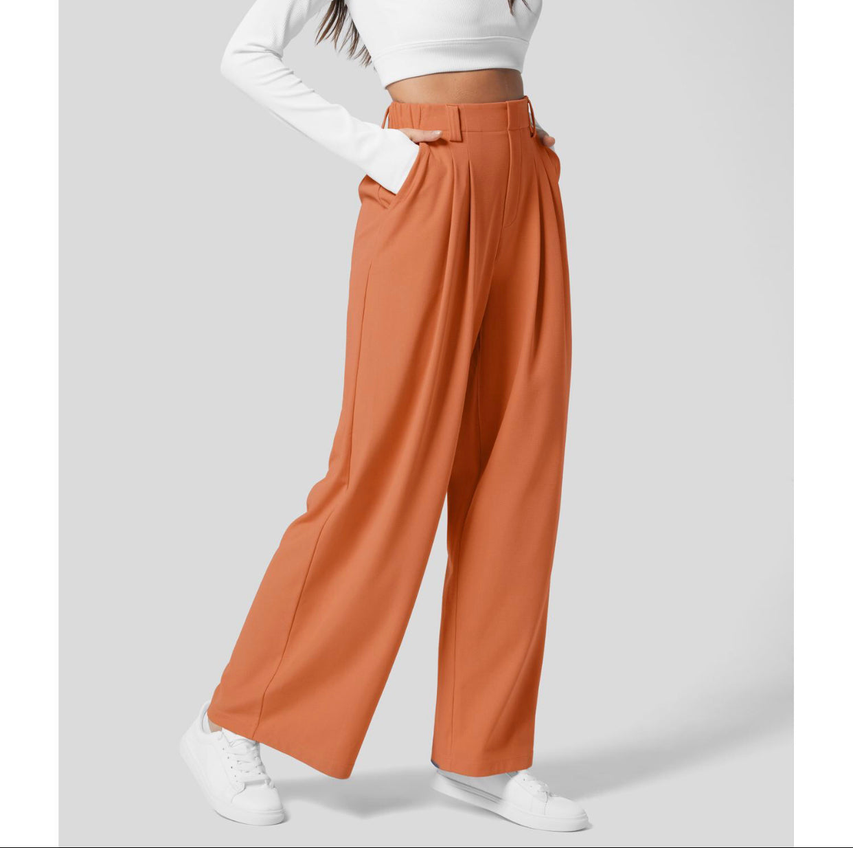 Naotstore - High Waisted Plicated Side Pocket Wide Leg Waffle Casual Pants