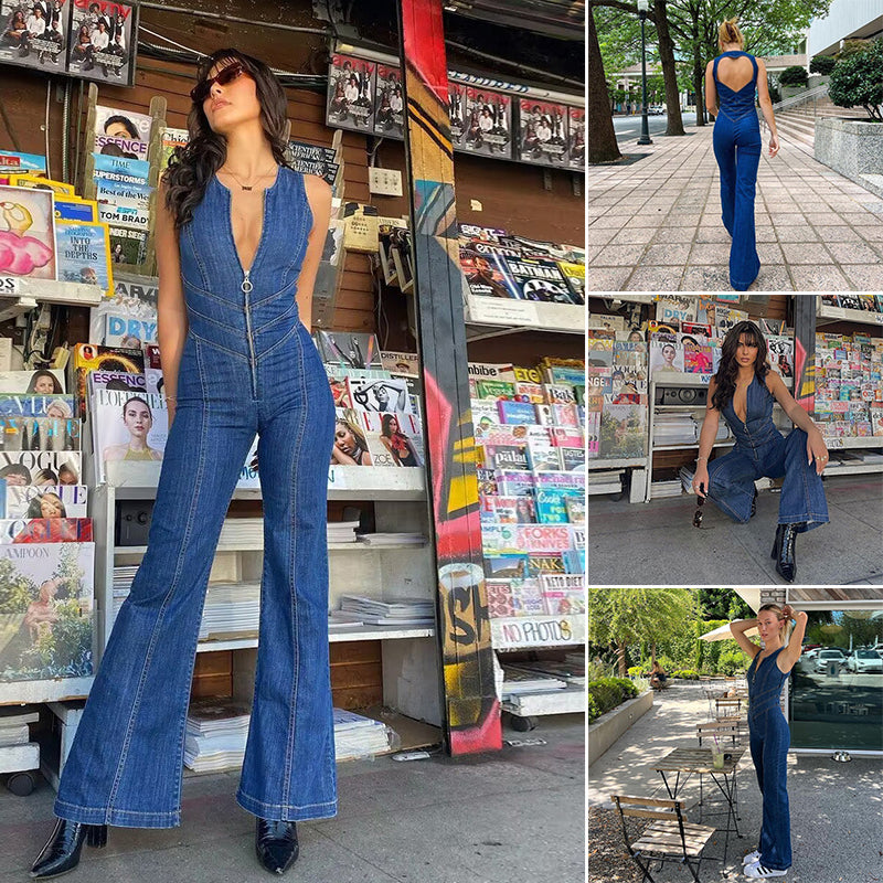 Naotstore - Heart Shaped Backless Denim Jumpsuit