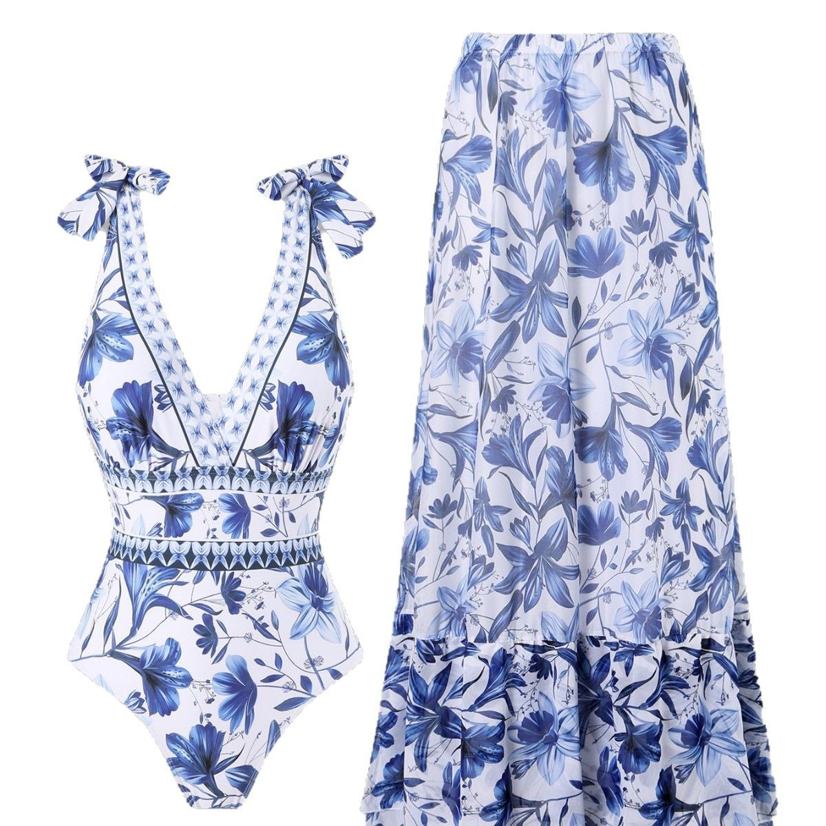 🎉🔥LAST DAY 55% OFF🔥blue and white porcelain swimsuit wrap skirt suits