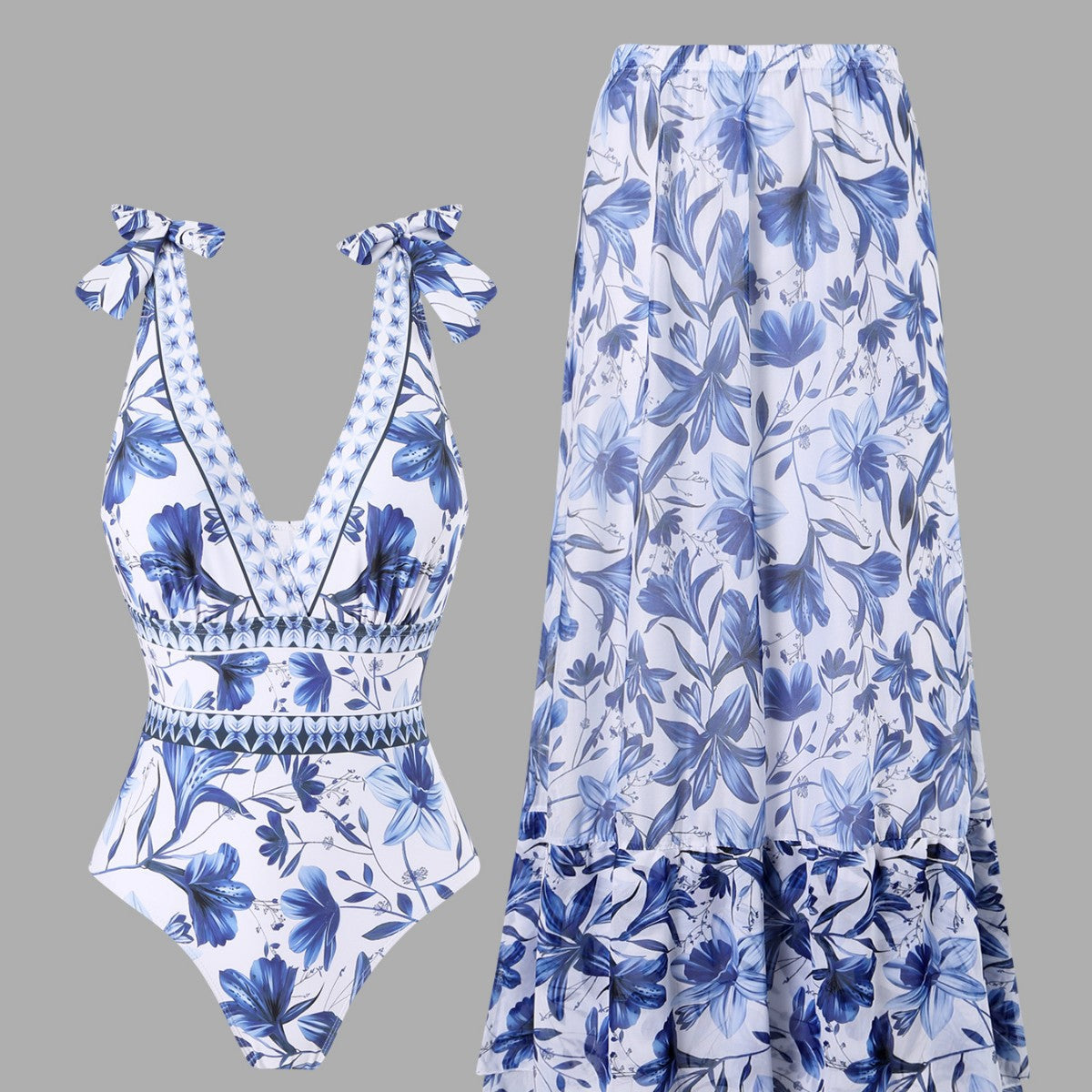 🎉🔥LAST DAY 55% OFF🔥blue and white porcelain swimsuit wrap skirt suits