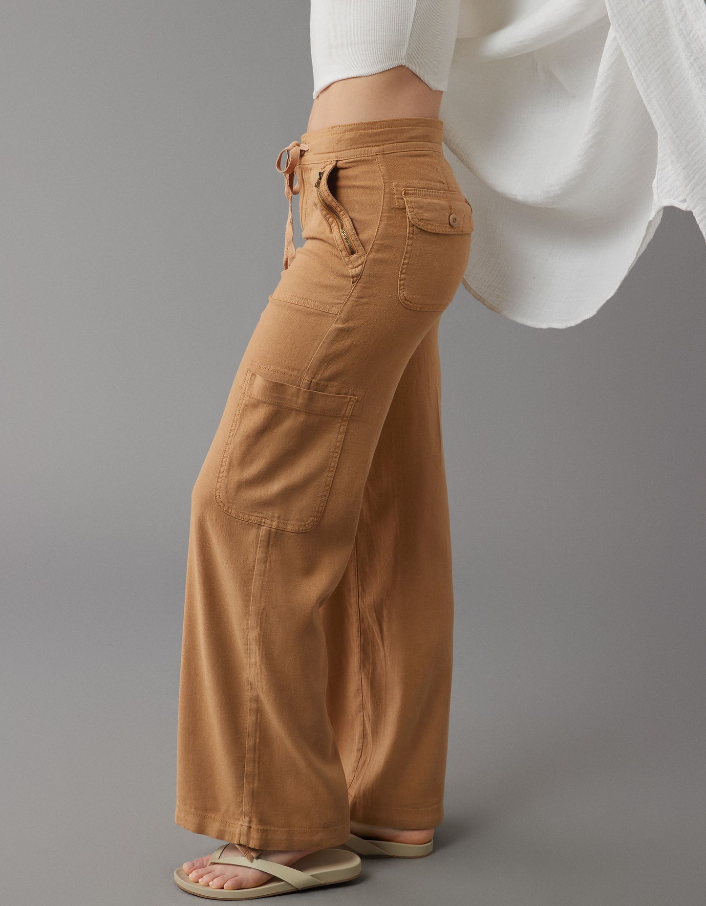 Naotstore - Linen-Blend Wide-Leg Cargo Pant