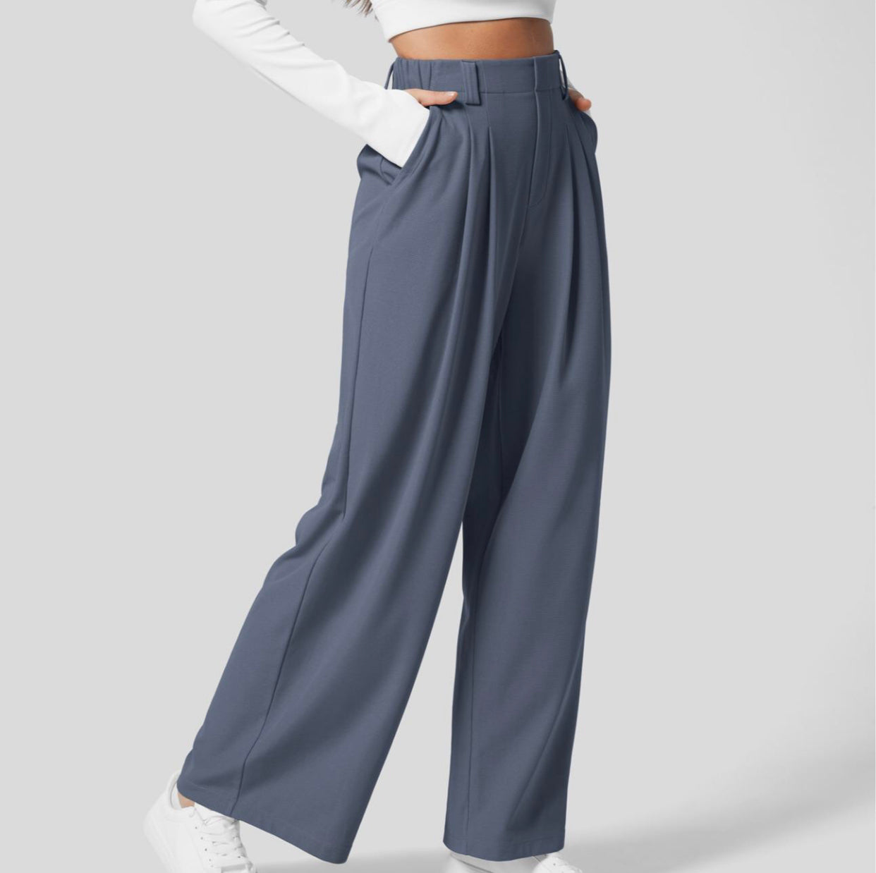 Naotstore - High Waisted Plicated Side Pocket Wide Leg Waffle Casual Pants