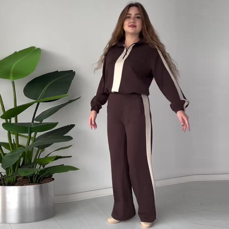 Naotstore - Women's Zipper Lapel Tops & Pants 2-Piece Set