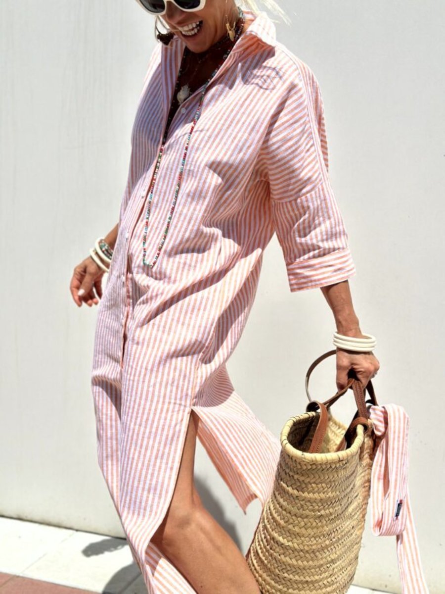 Naotstore - Classic Striped Lace-Up Shirt Dress