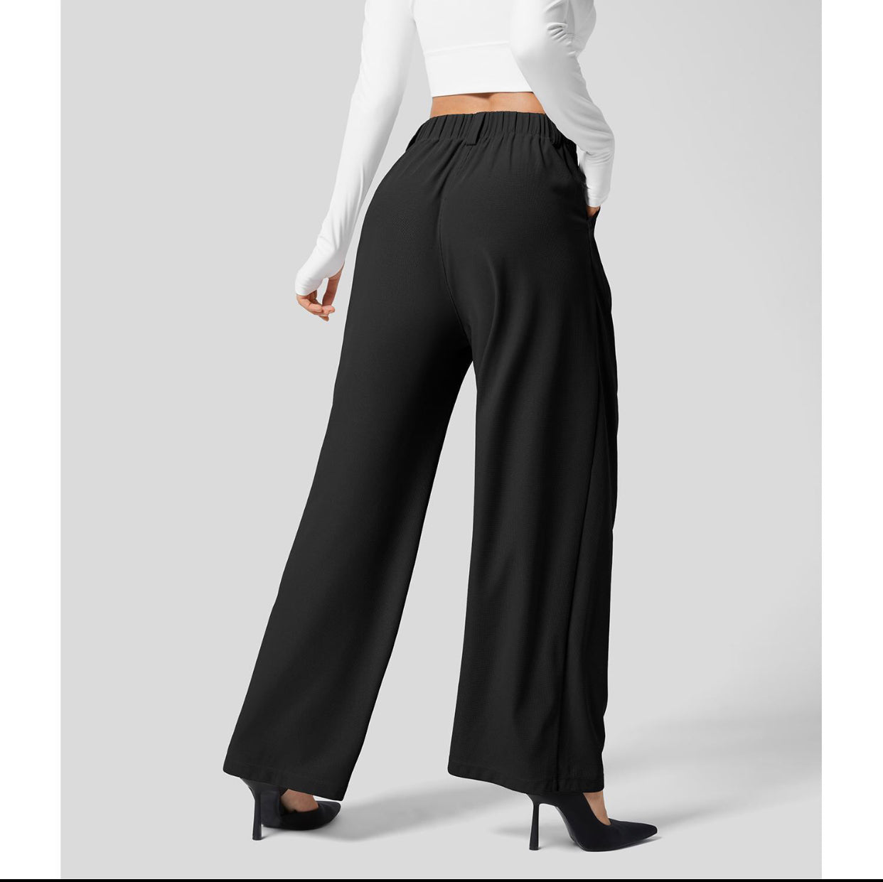Naotstore - High Waisted Plicated Side Pocket Wide Leg Waffle Casual Pants