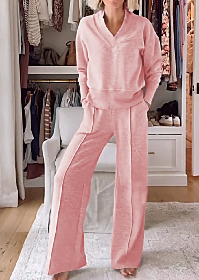 Naotstore - Women's Solid Color V-neck Top & Pants Two-piece Set-II
