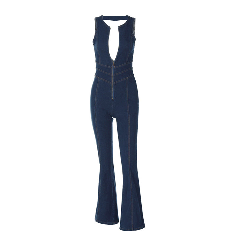 Naotstore - Heart Shaped Backless Denim Jumpsuit