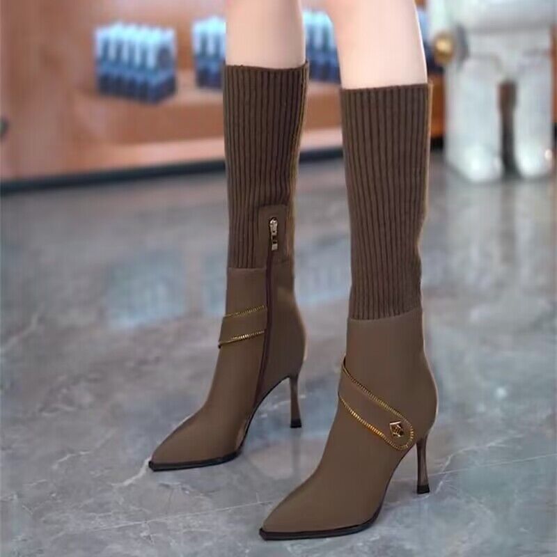 Naotstore - Knitted Long Lointed Toe Stiletto Boots