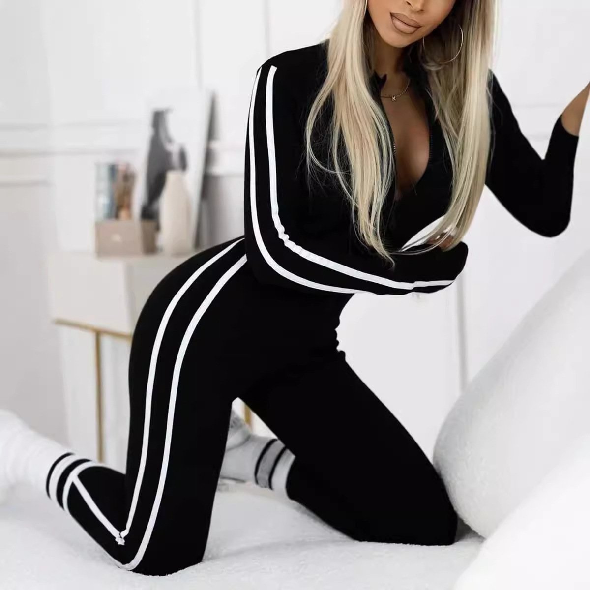 Naotstore - Women's Slim Fit Side Web Half-Zip Jumpsuit