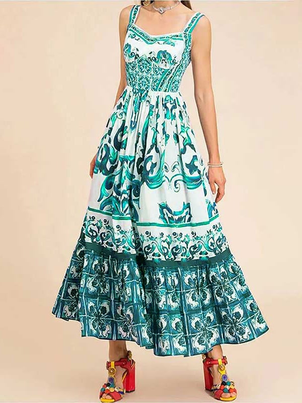 Naotstore - Stunning Floral Print Suspender Patchwork Maxi Dress